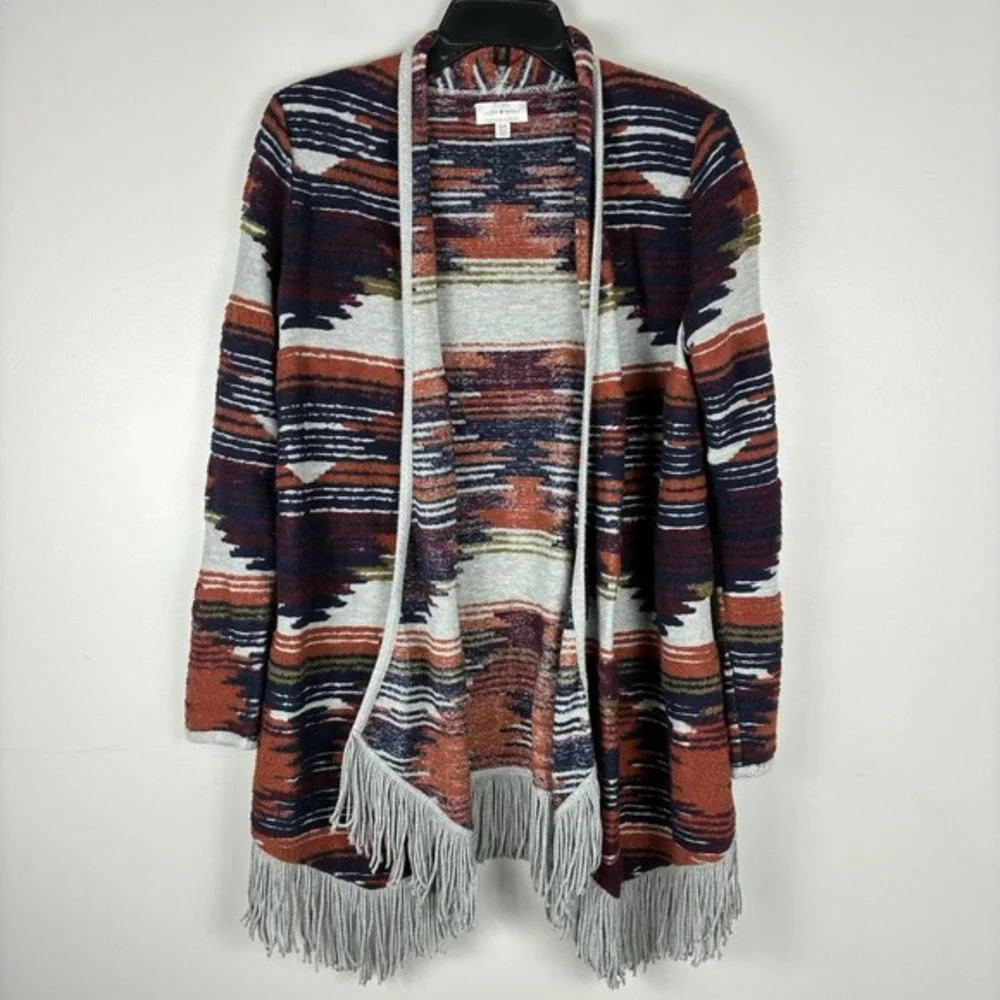Lucky‎ Brand Women's Open Front Cardigan Sz M /L Boho Aztec Southwestern Fringe
